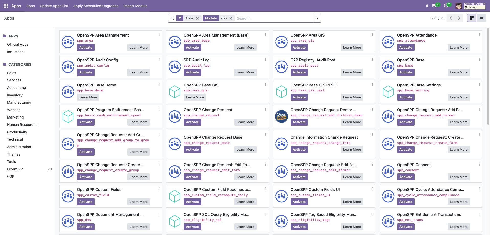 OpenSPP Apps menu interface