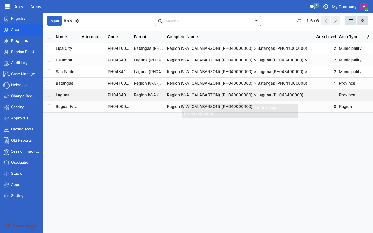 Area list view showing hierarchical records with name, code, parent, and area type columns