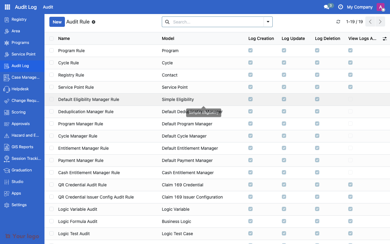 Audit rules list showing models being audited and enabled action types
