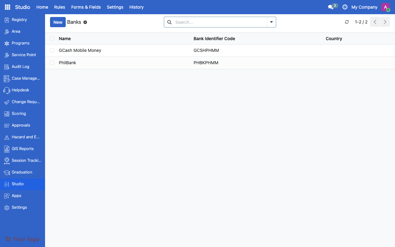 Banks list showing configured financial institutions