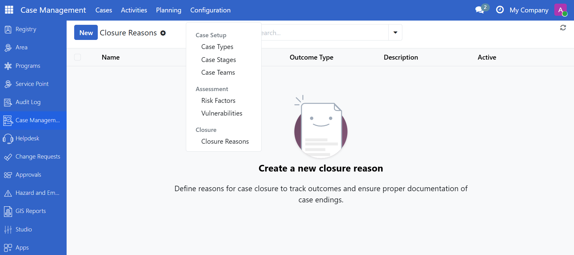 Case Management configuration menu showing case types, stages, and assessment options