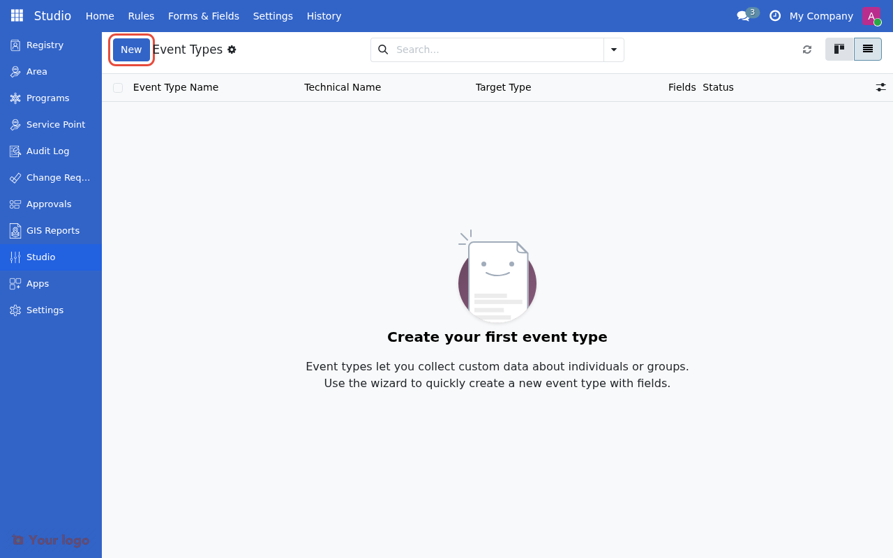 Event Types list view with New button highlighted