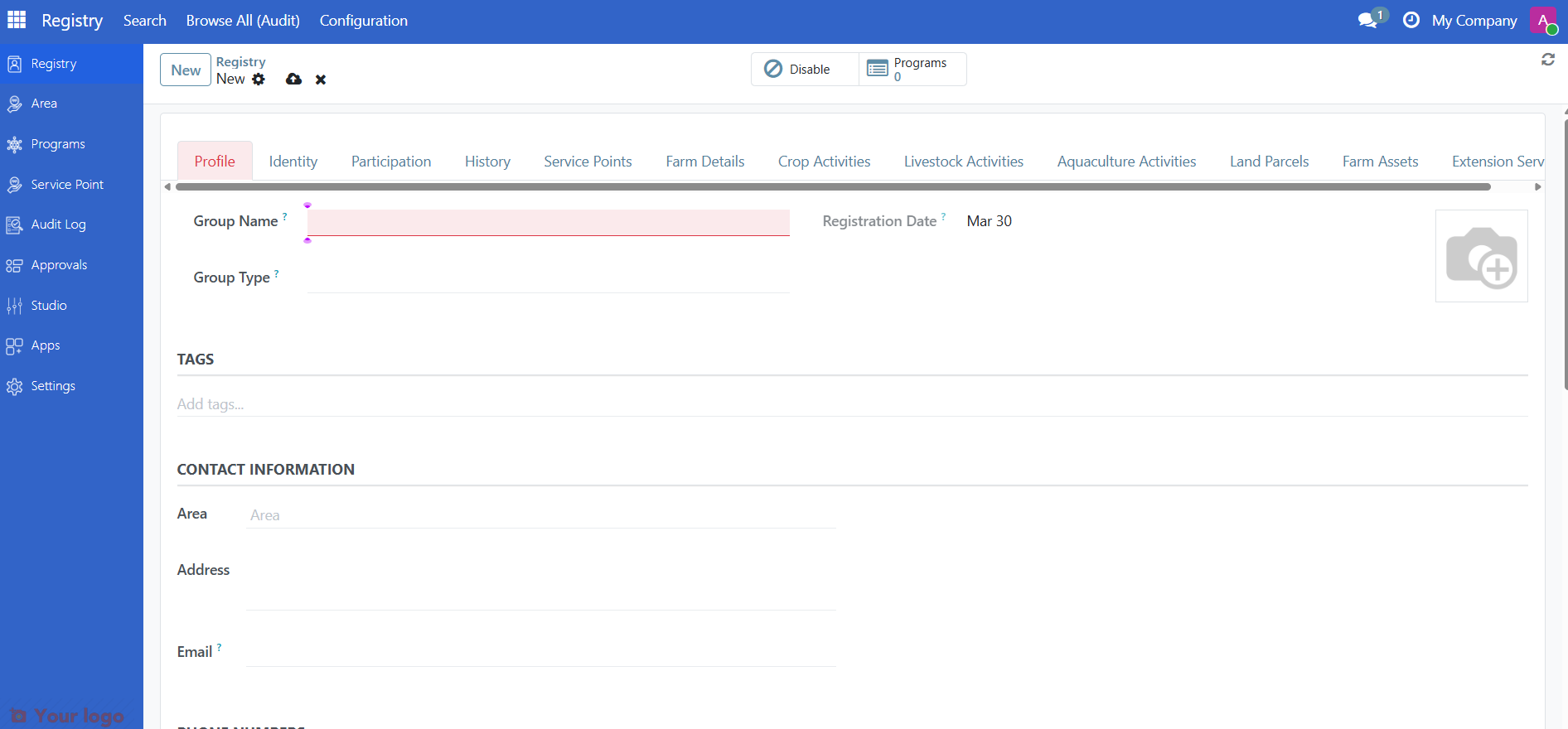 Farm group record showing the standard group form with farmer-registry tabs visible in the tab bar
