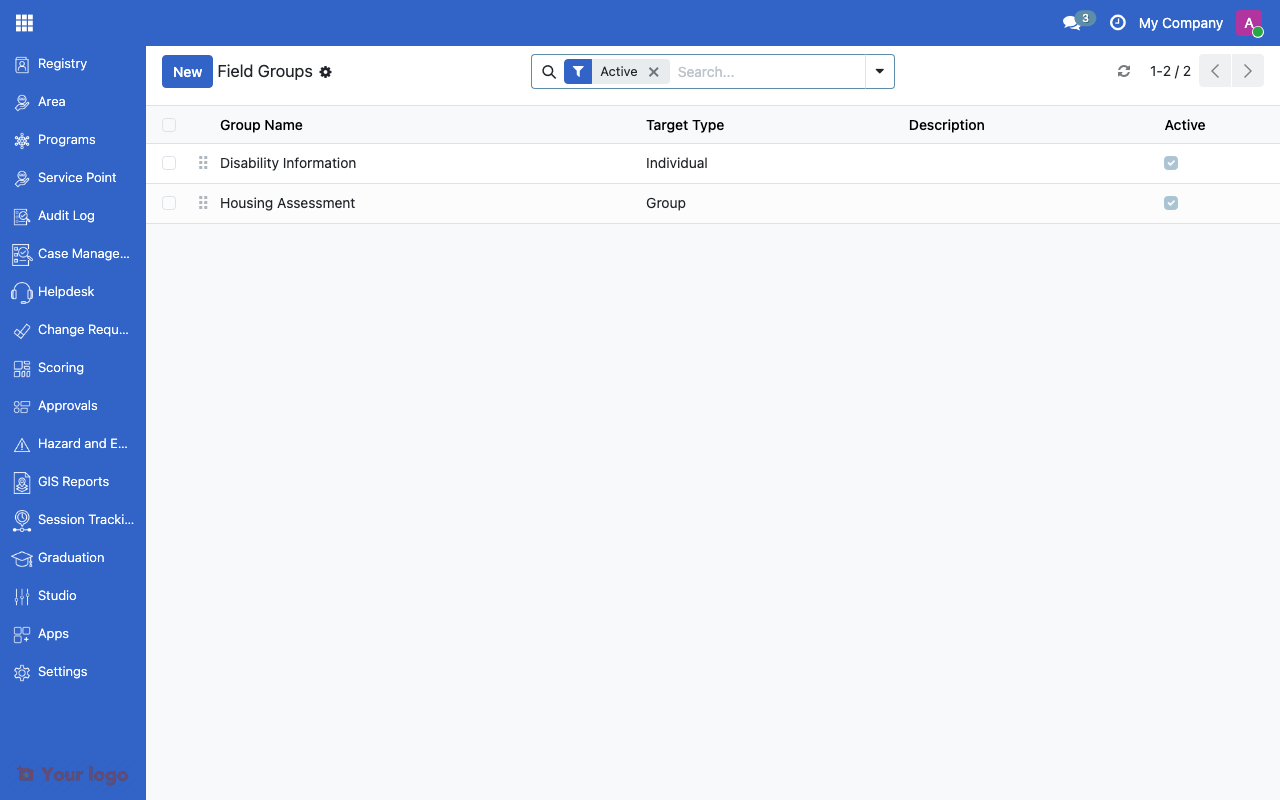 Custom field groups list showing target type and sequence