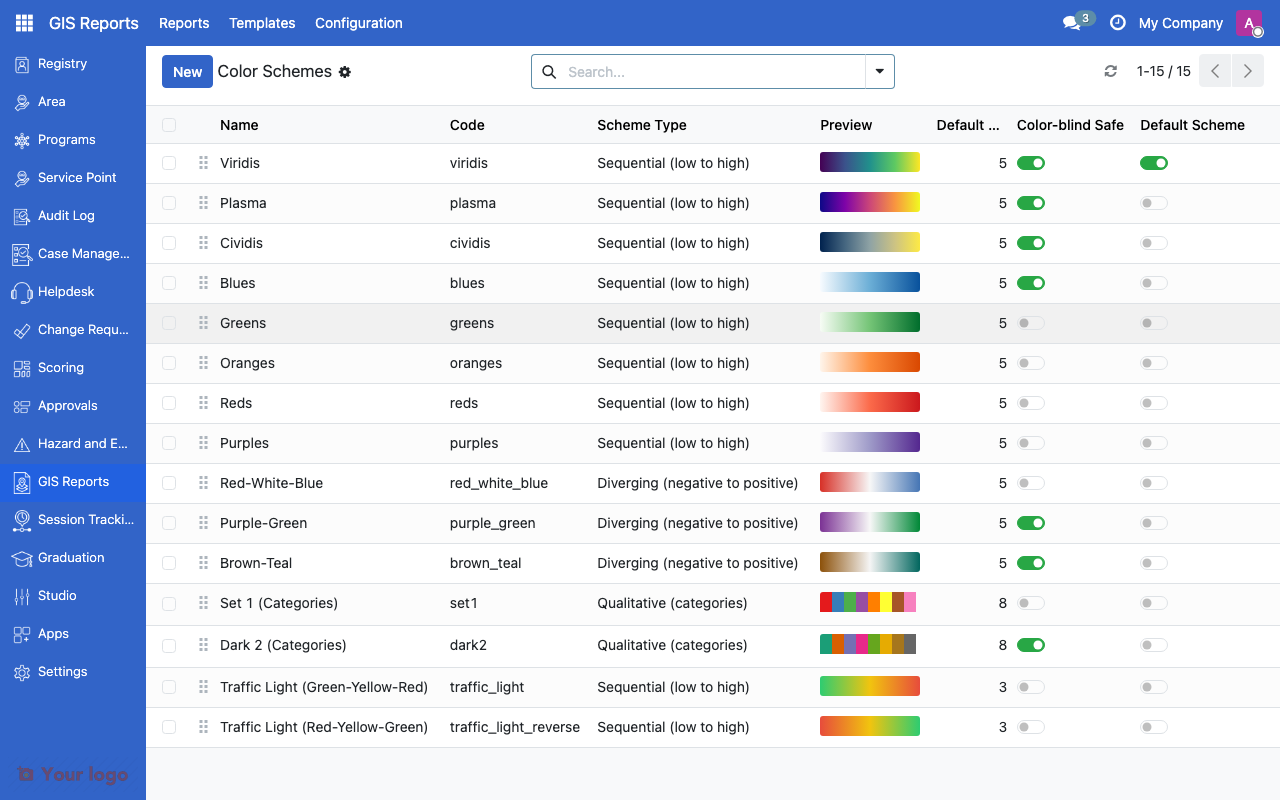 GIS color schemes list showing available palettes