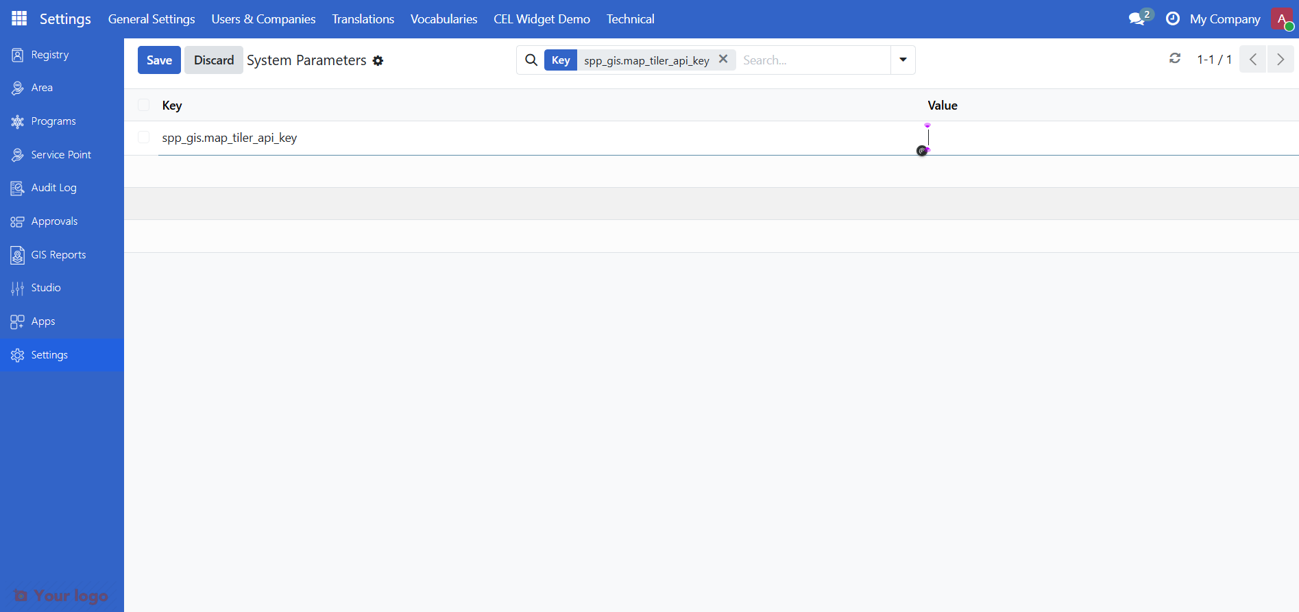 System parameters form showing the MapTiler API key field