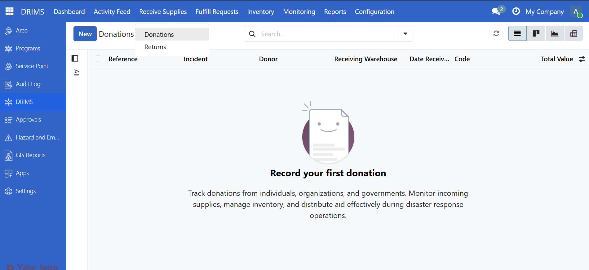 DRIMS sidebar with Donations menu item highlighted
