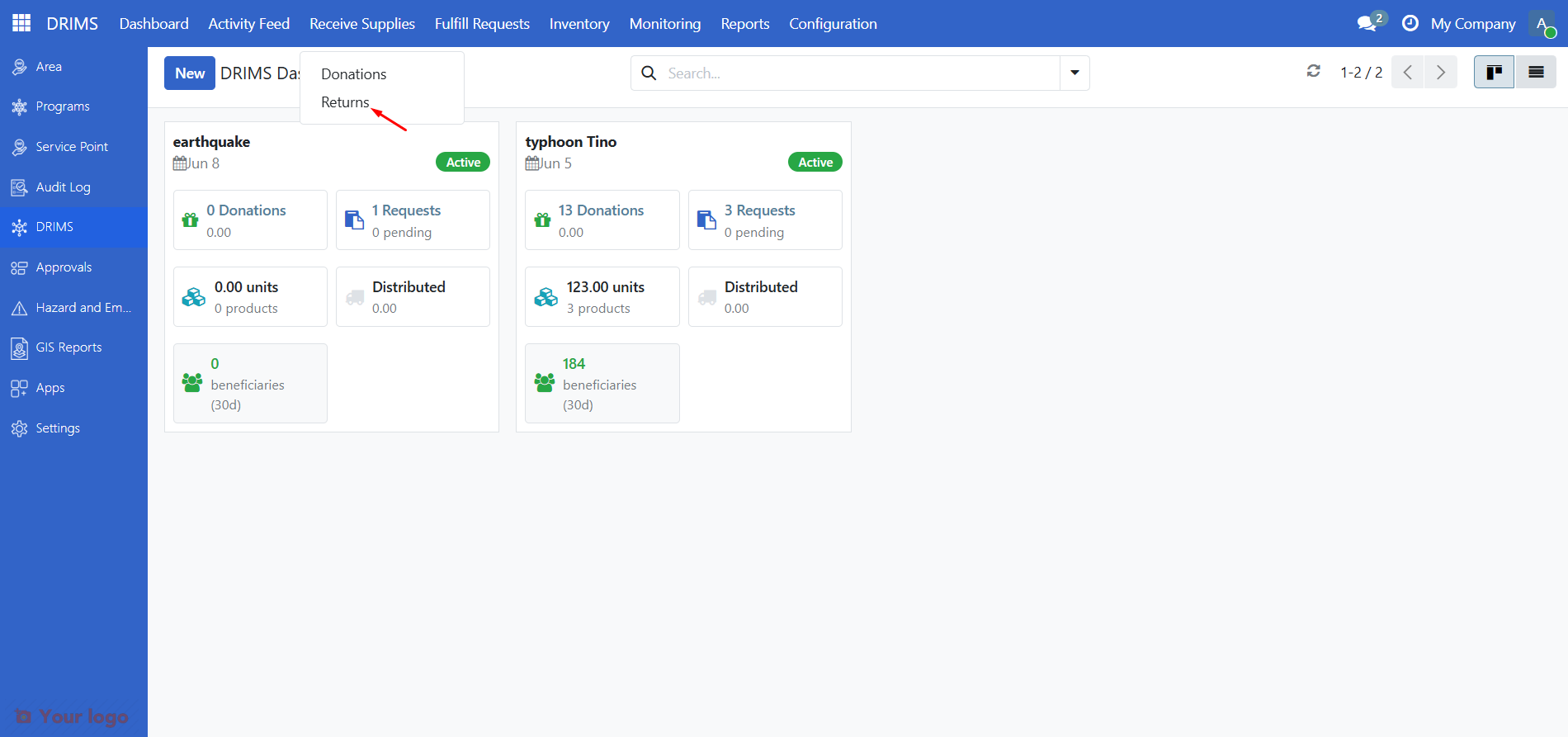 Returns menu item under Receive Supplies in the DRIMS sidebar