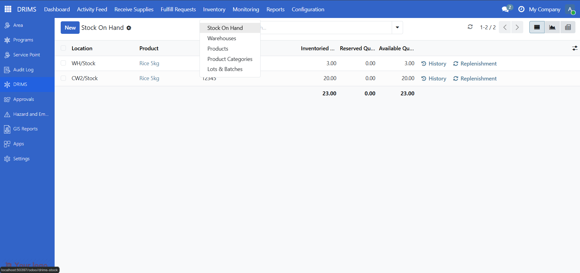 DRIMS sidebar showing Inventory > Stock navigation