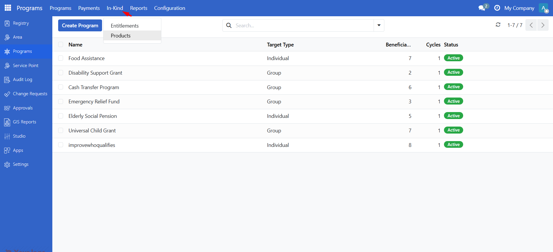 Programs menu with In-Kind submenu