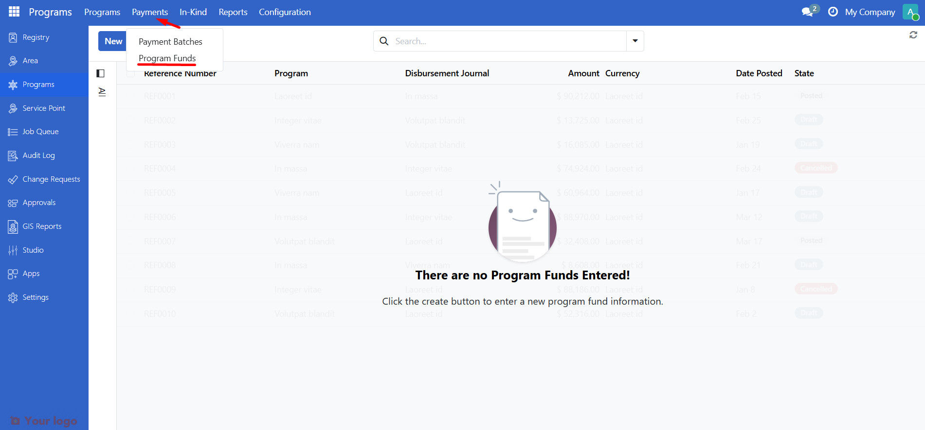 Programs menu with Payments and Program Funds
