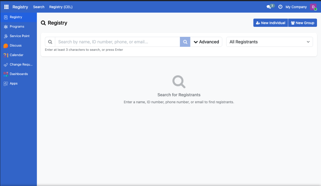 Registry menu in sidebar