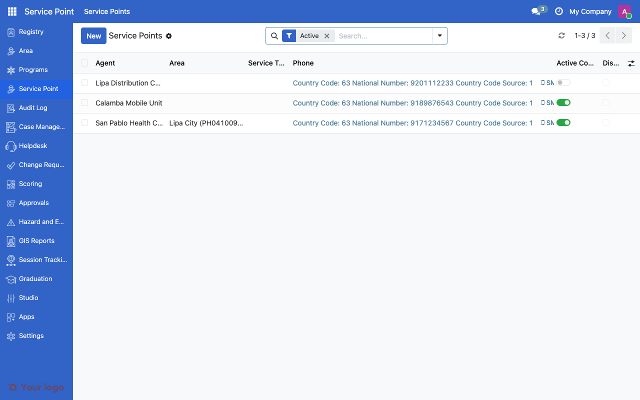 Service points list view showing agent names, areas, and contract status