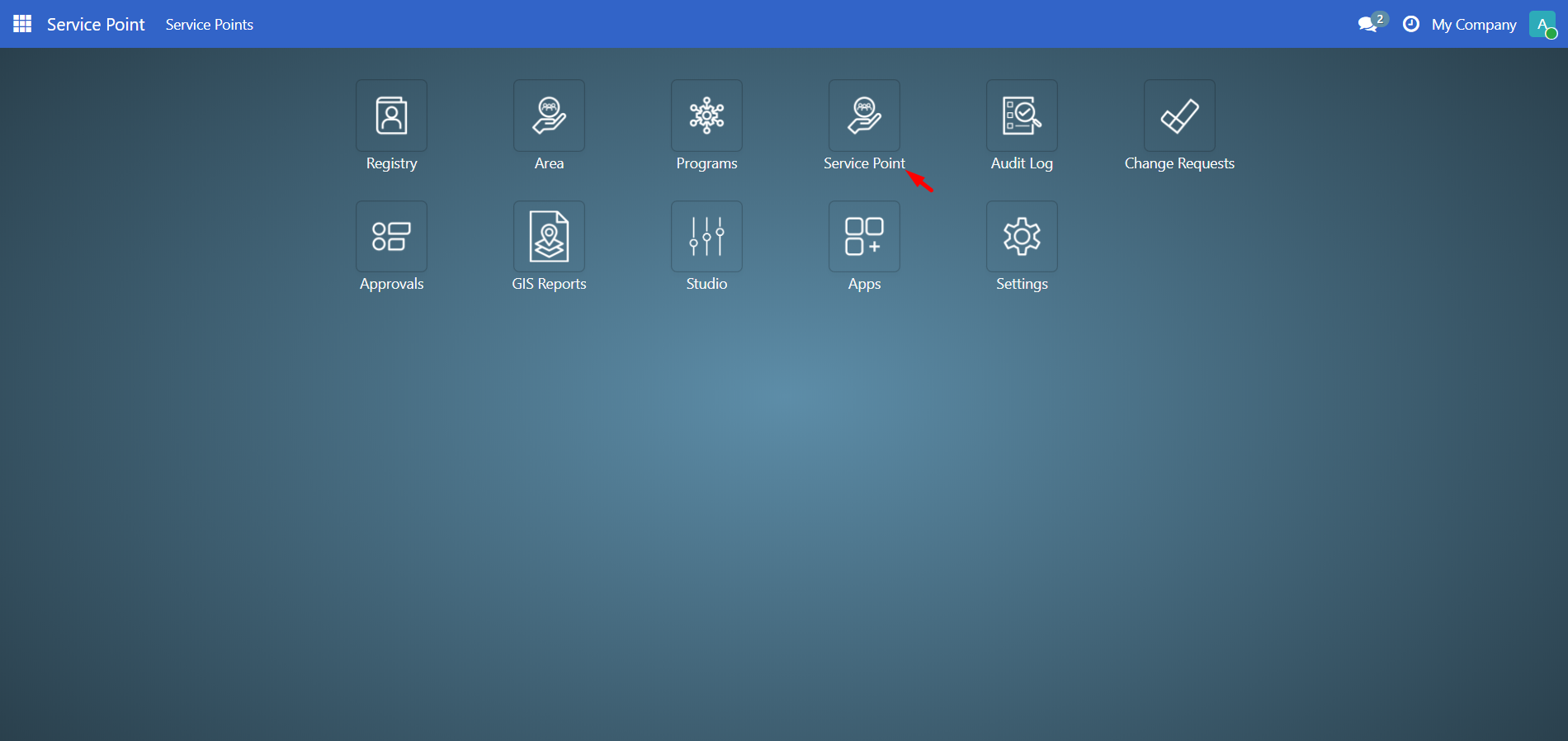 Service Point menu in sidebar