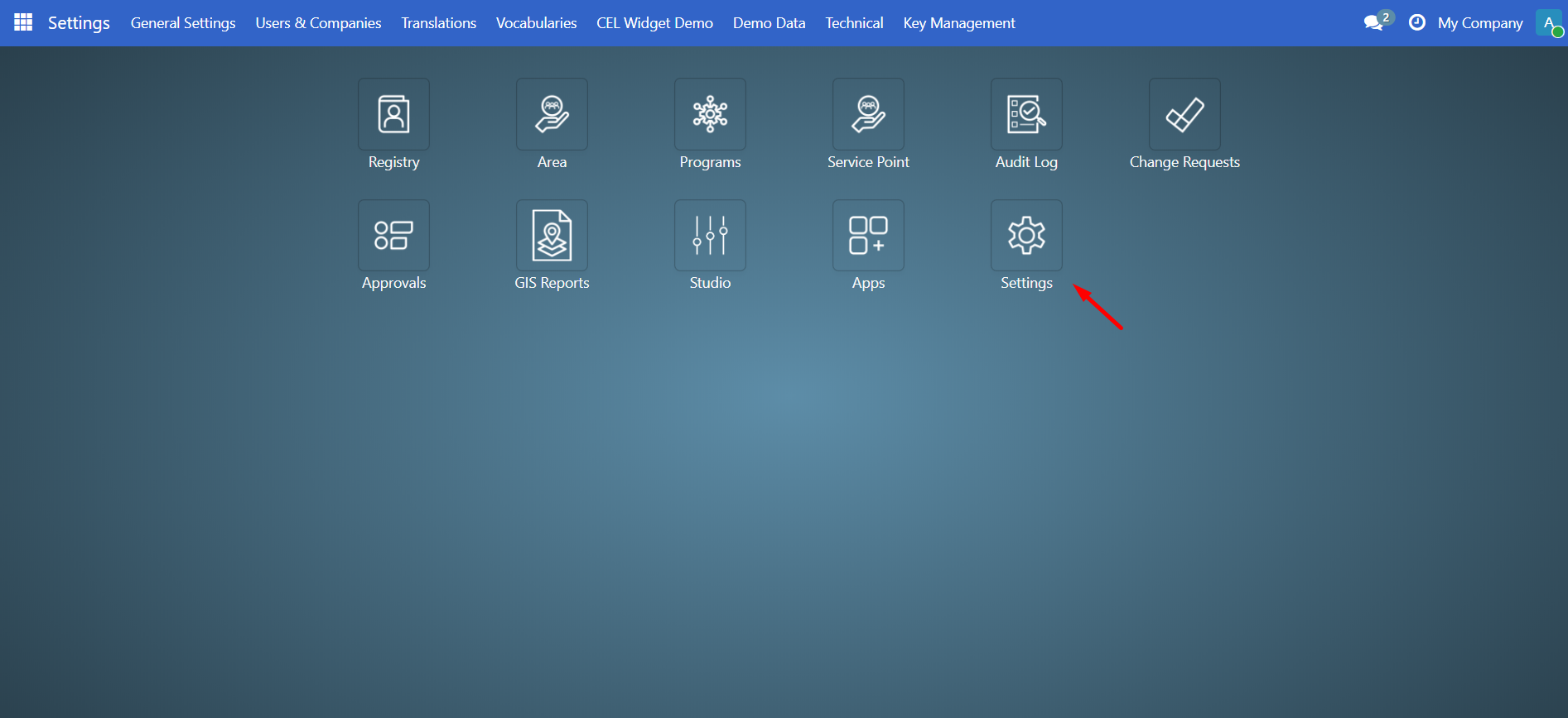 Settings and app menu