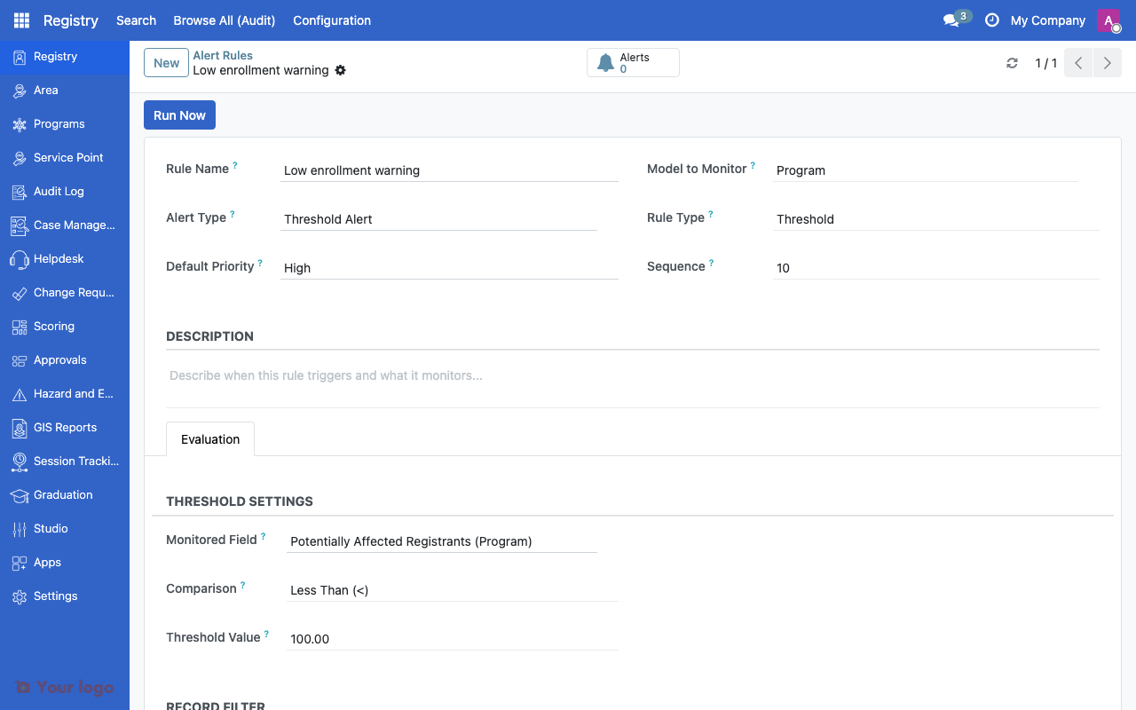 Alert rule form showing threshold configuration with monitored field and comparison operator