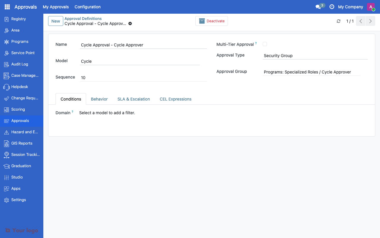 Approval definition form showing model, type, and notification settings