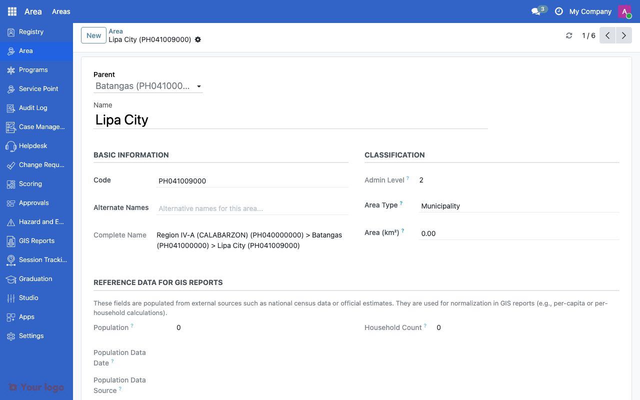 Area form showing details for a municipality including parent hierarchy and classification