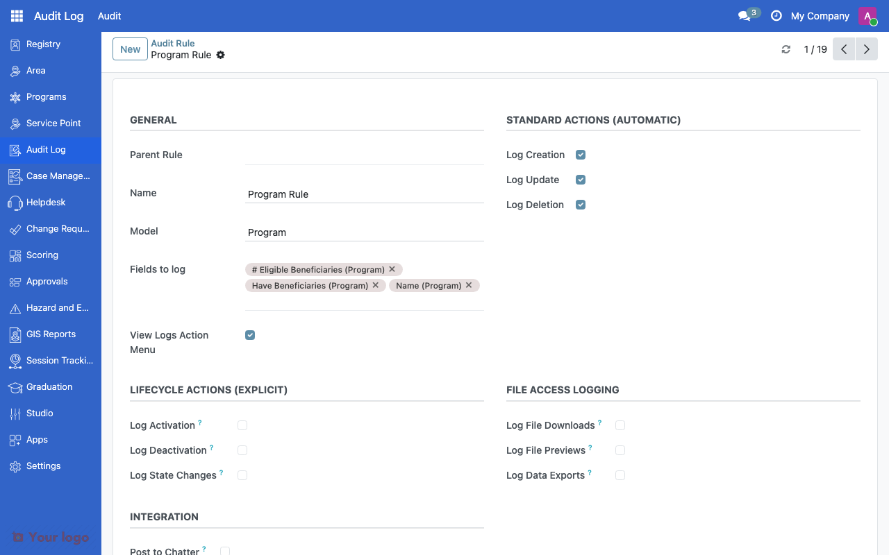 Audit rule form showing standard actions, lifecycle actions, and file access logging options