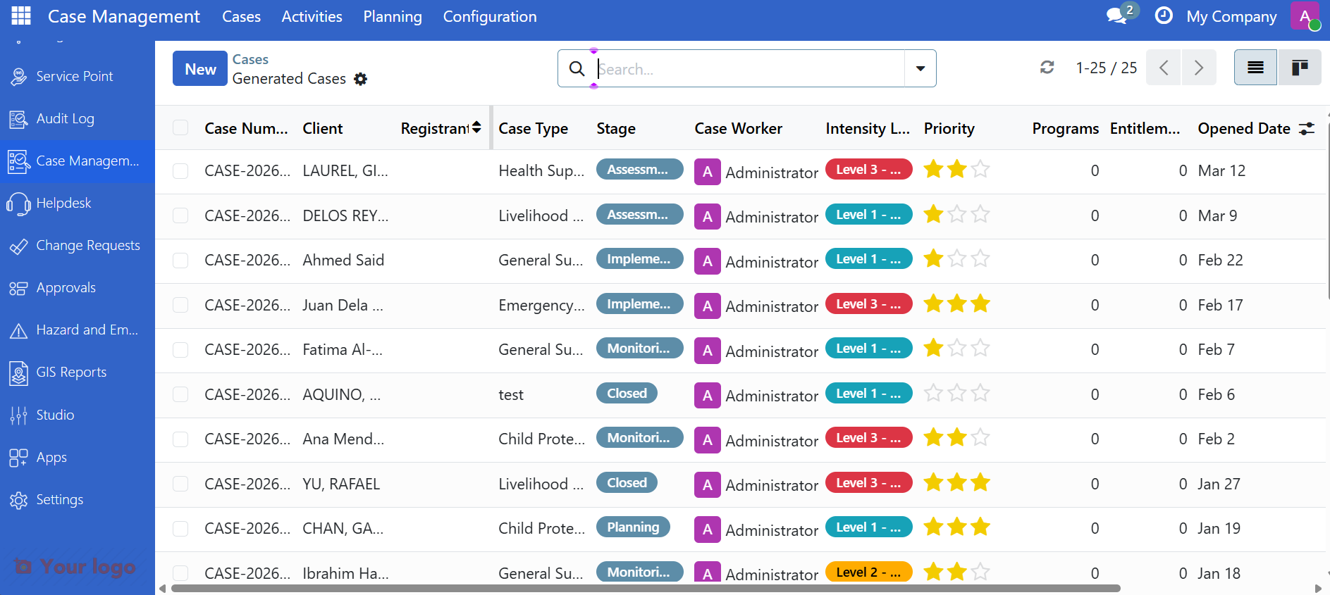 Case list view showing My Cases, All Cases, and Unassigned Cases tabs