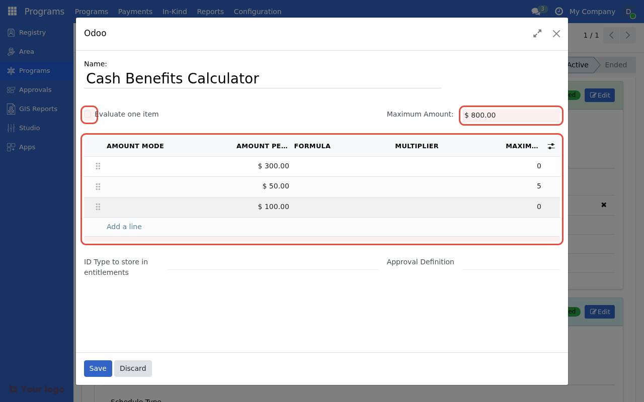 Cash entitlement manager configuration form