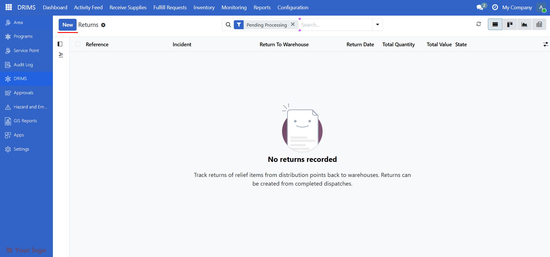 New button in the returns list toolbar