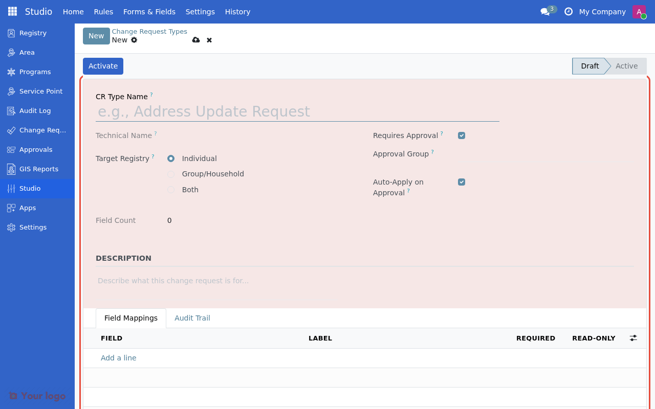 Empty change request type form with basic information section highlighted