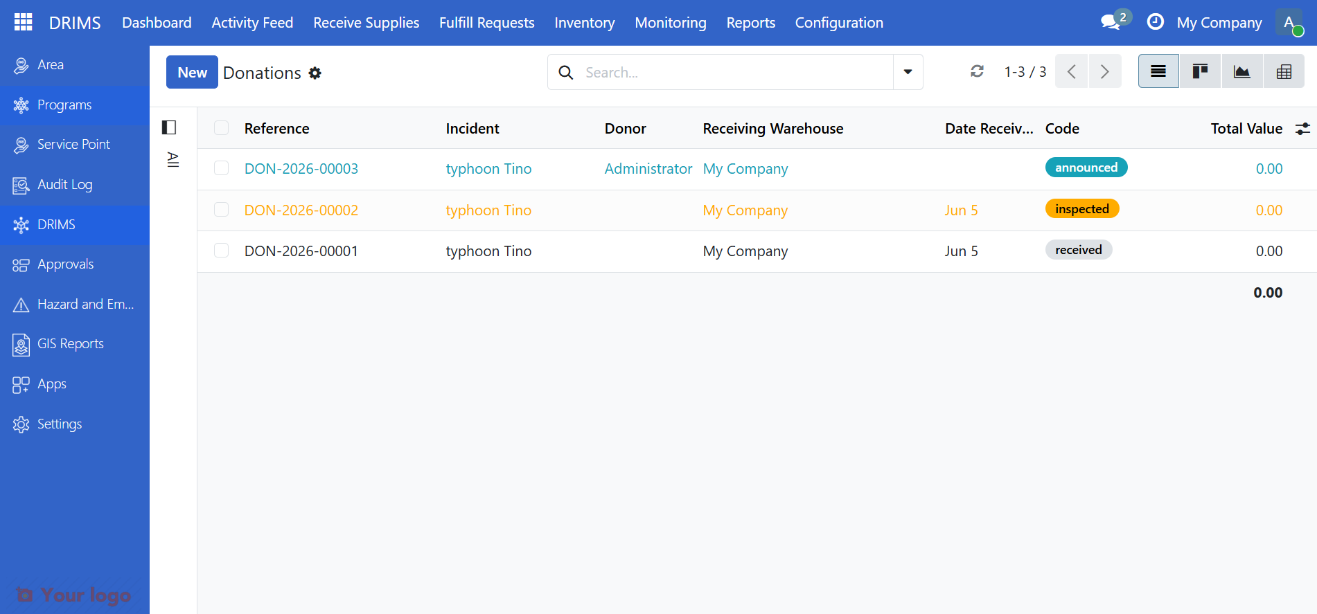 Donations list with status badges visible