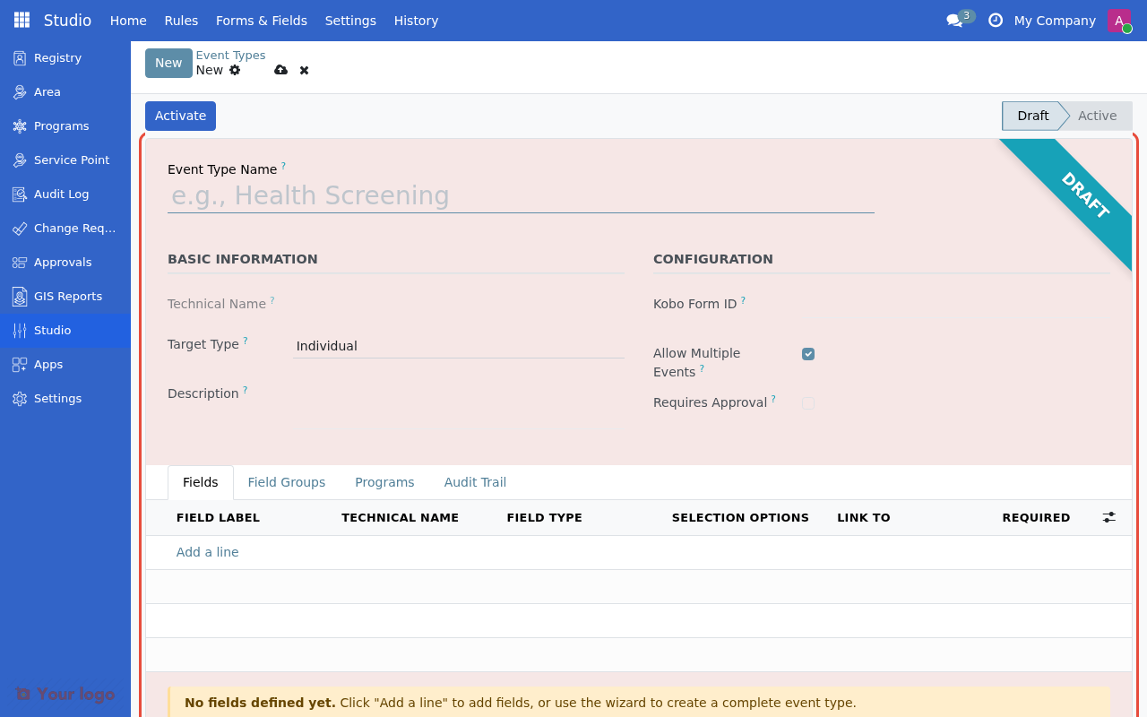 Empty event type form with basic information section highlighted