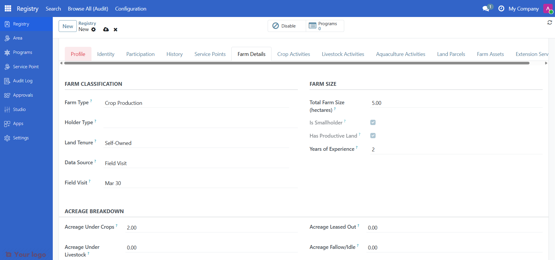 Farm Details tab showing farm type, land tenure, holder type, data source, and acreage fields