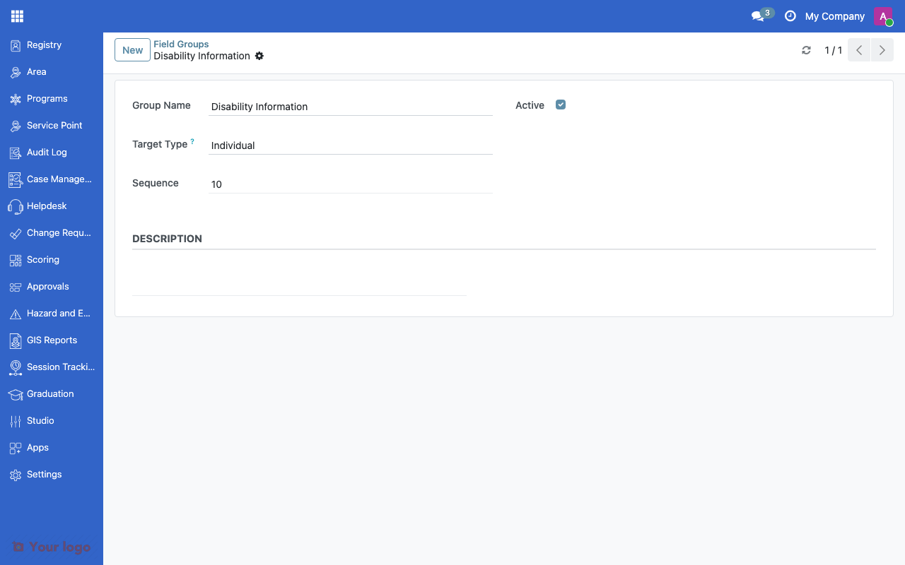 Custom field group form showing name, target type, and sequence