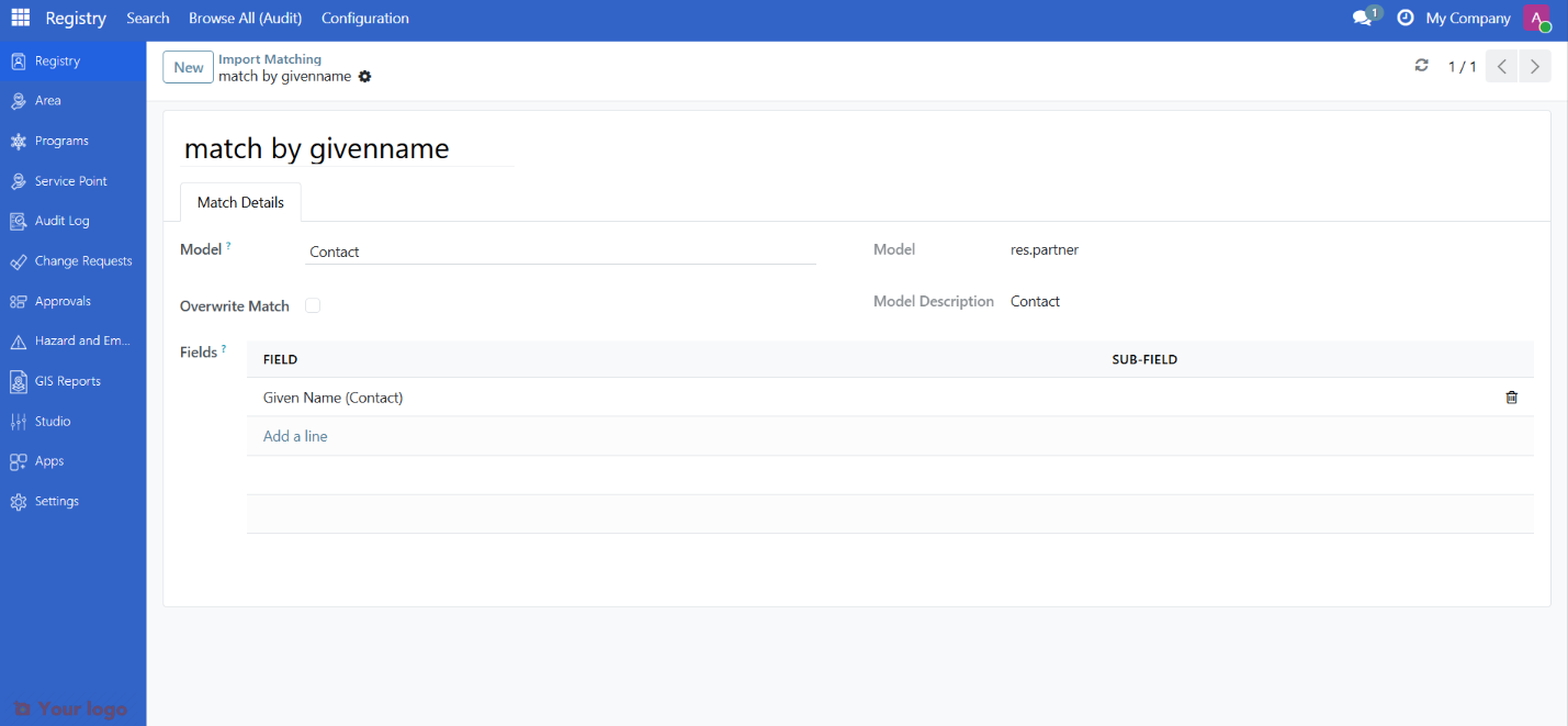 Import matching rule form showing fields and overwrite settings