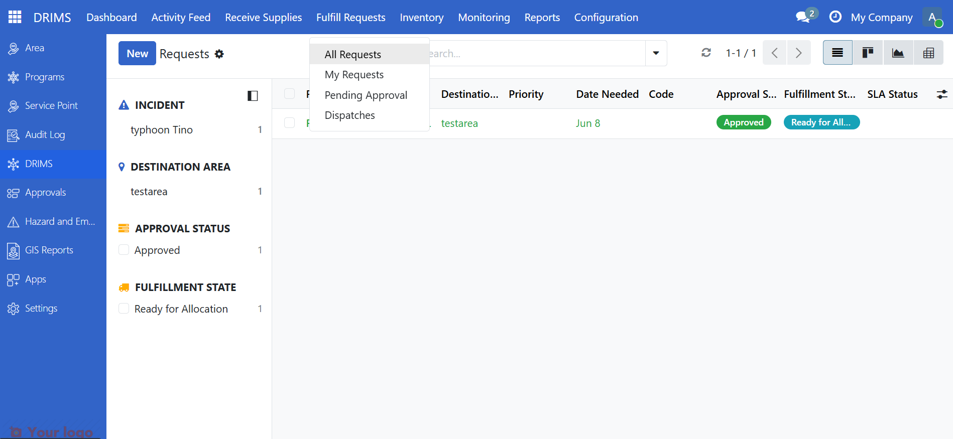 DRIMS sidebar with Requests menu item highlighted