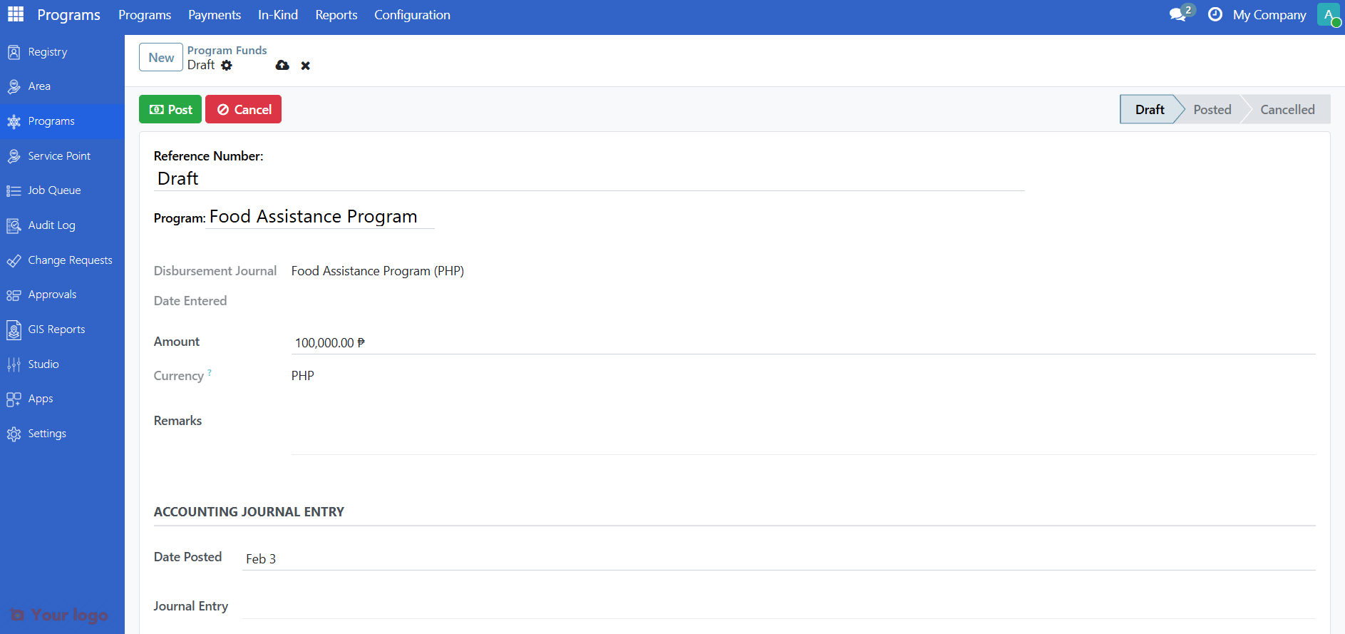Program fund form with Program, Amount, and Post button