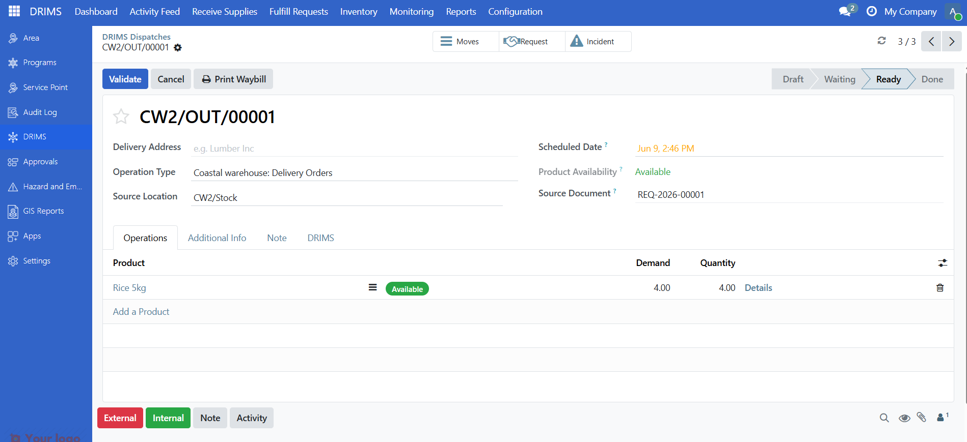 Dispatch form showing product list, demand, quantity, and Source Document