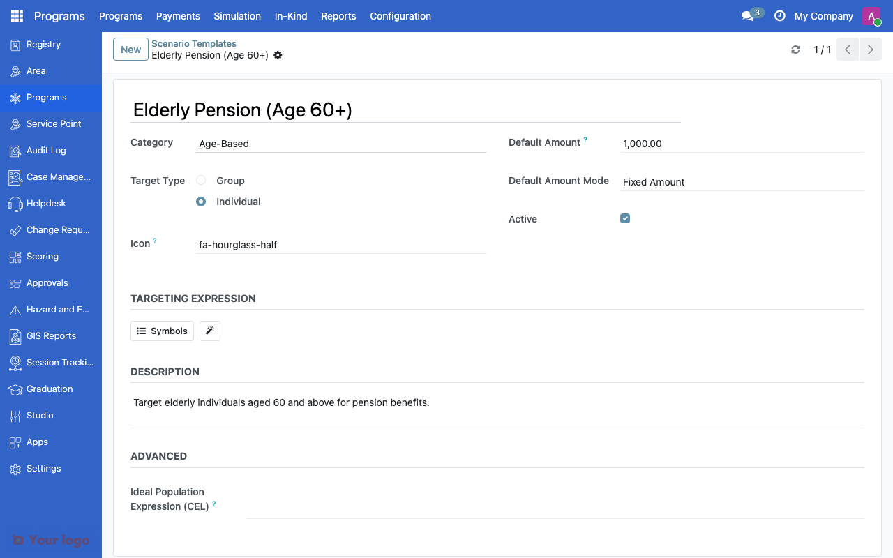 Scenario template form showing targeting formula and default parameters