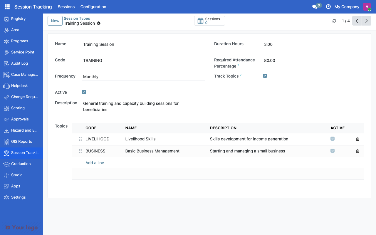 Session type form showing frequency, topics, and required attendance percentage