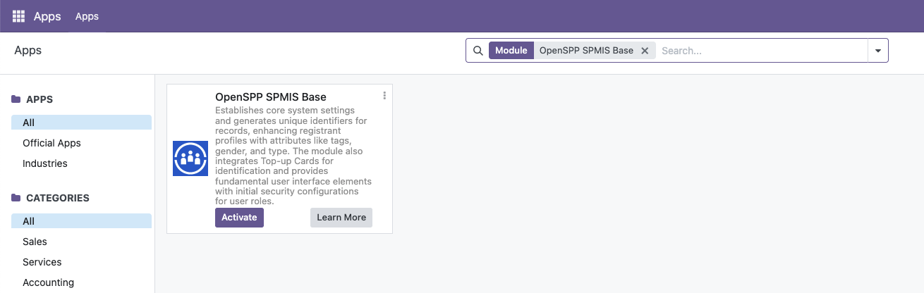 Searching for SPP Base module in Apps