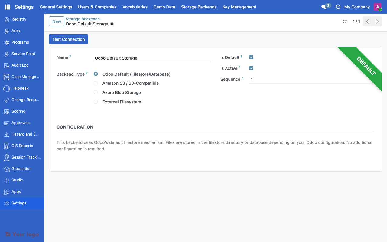 Storage backend form showing backend type and connection settings