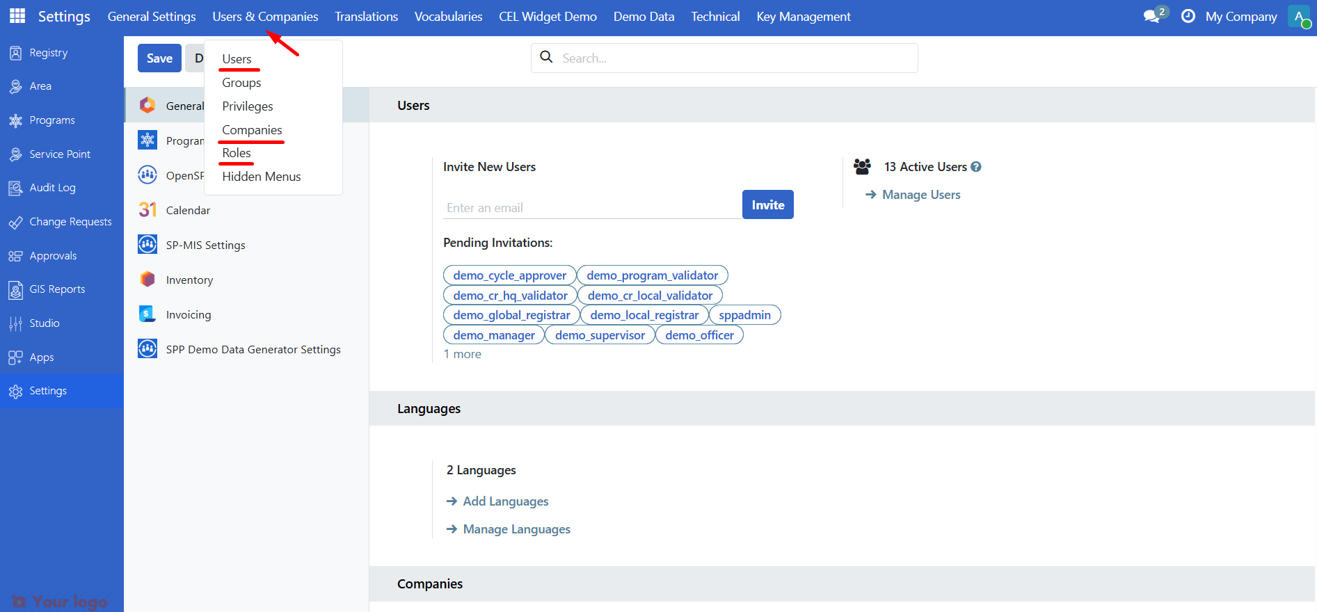 Users & Companies menu