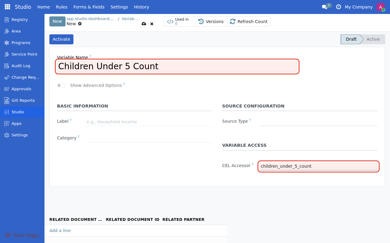 Variable form showing name and CEL accessor fields