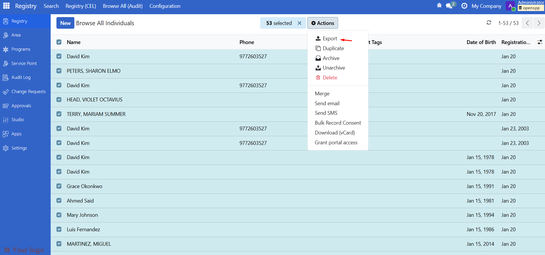 Action menu with Export option