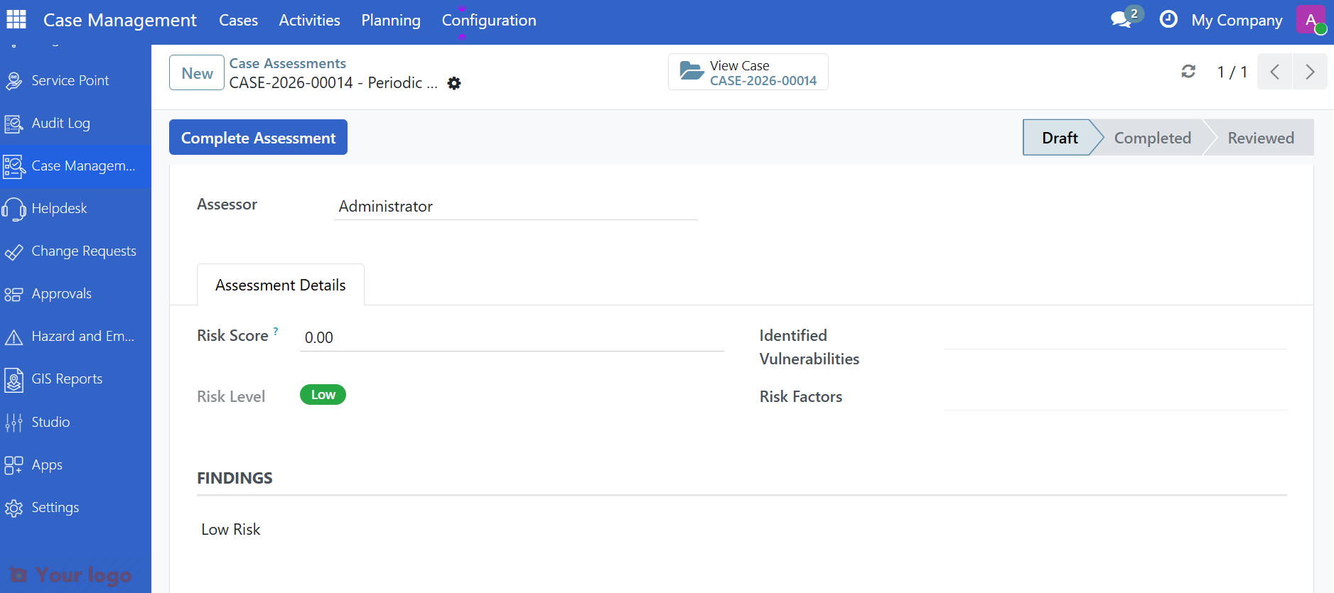 Assessment form showing risk factors checklist, findings text, and computed risk score