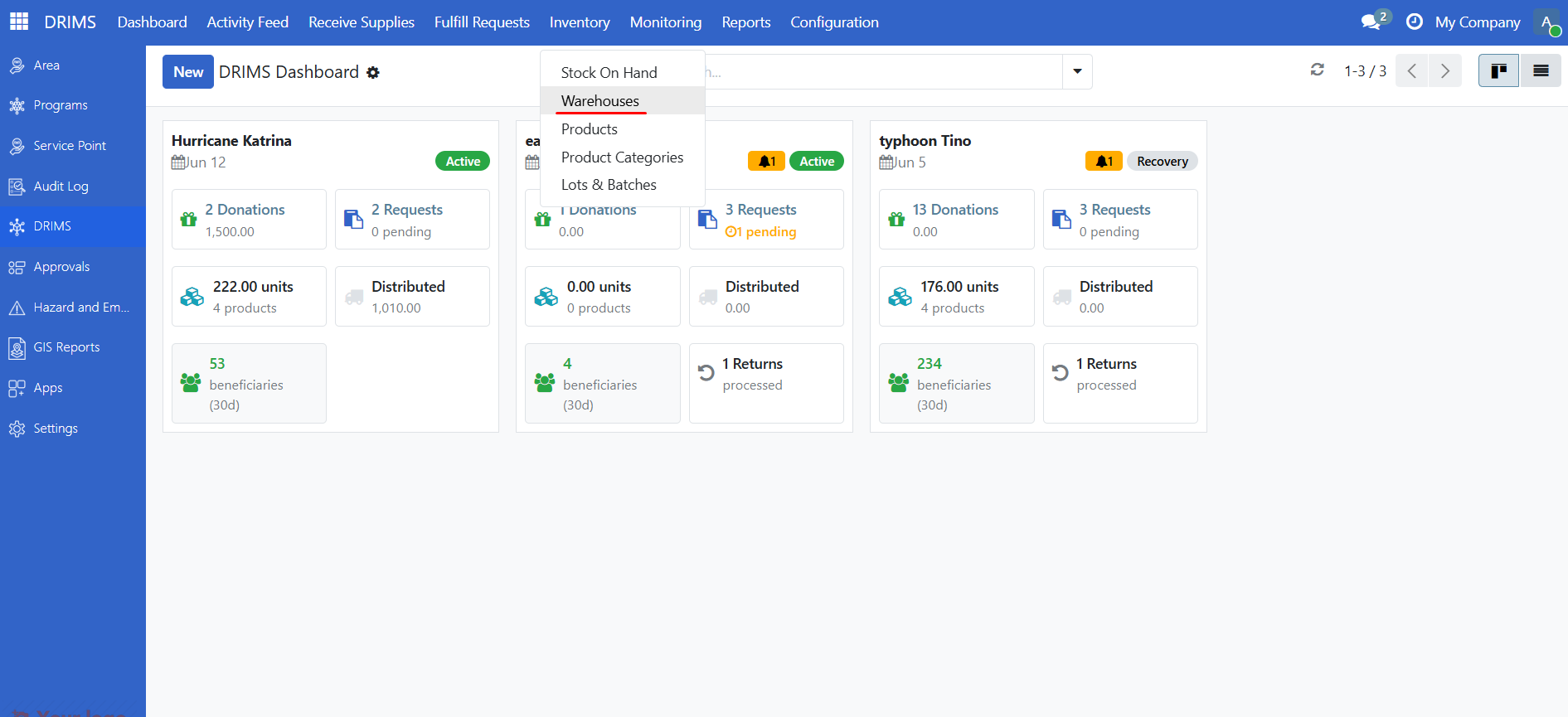 Click Inventory then Warehouses to check warehouse health