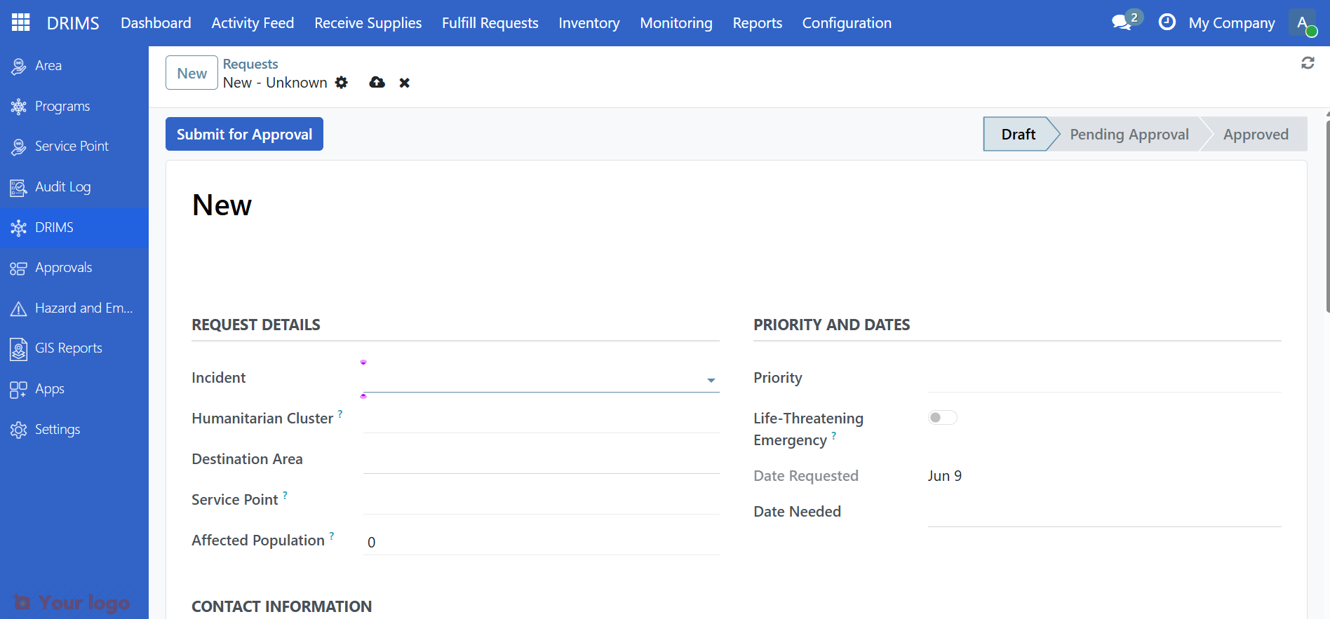 New button in the requests list toolbar