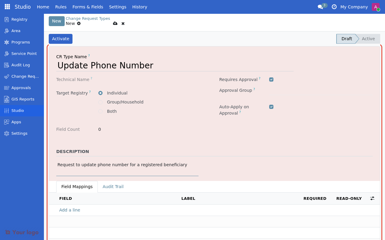 Change request type form filled with name, description, and approval settings