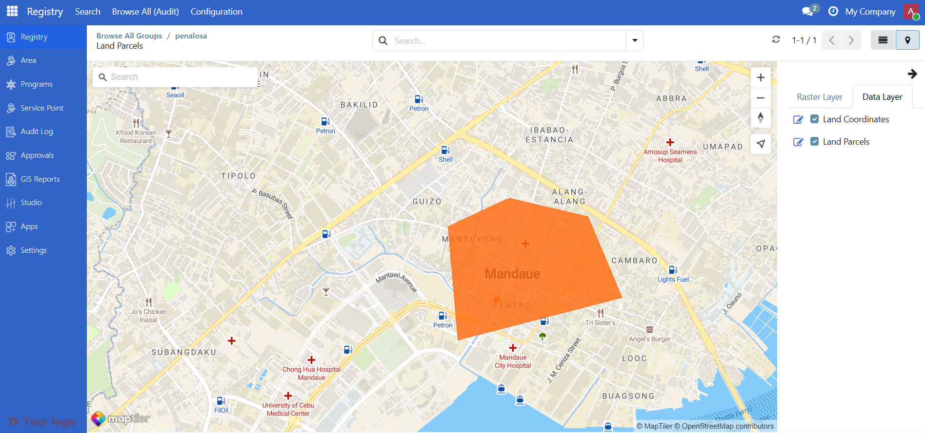Data layer configuration showing Land Coordinates and Land Parcels checkboxes