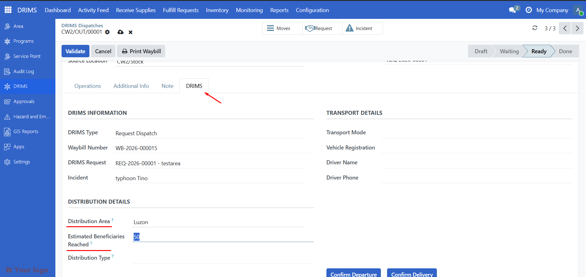 DRIMS tab showing Distribution Area and Estimated Beneficiaries Reached fields