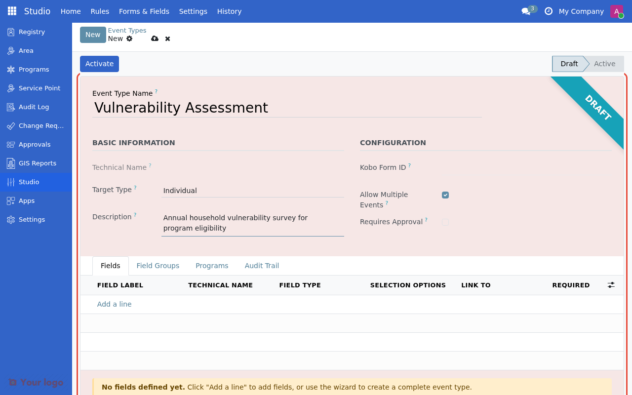 Event type form filled with name, description, and target type