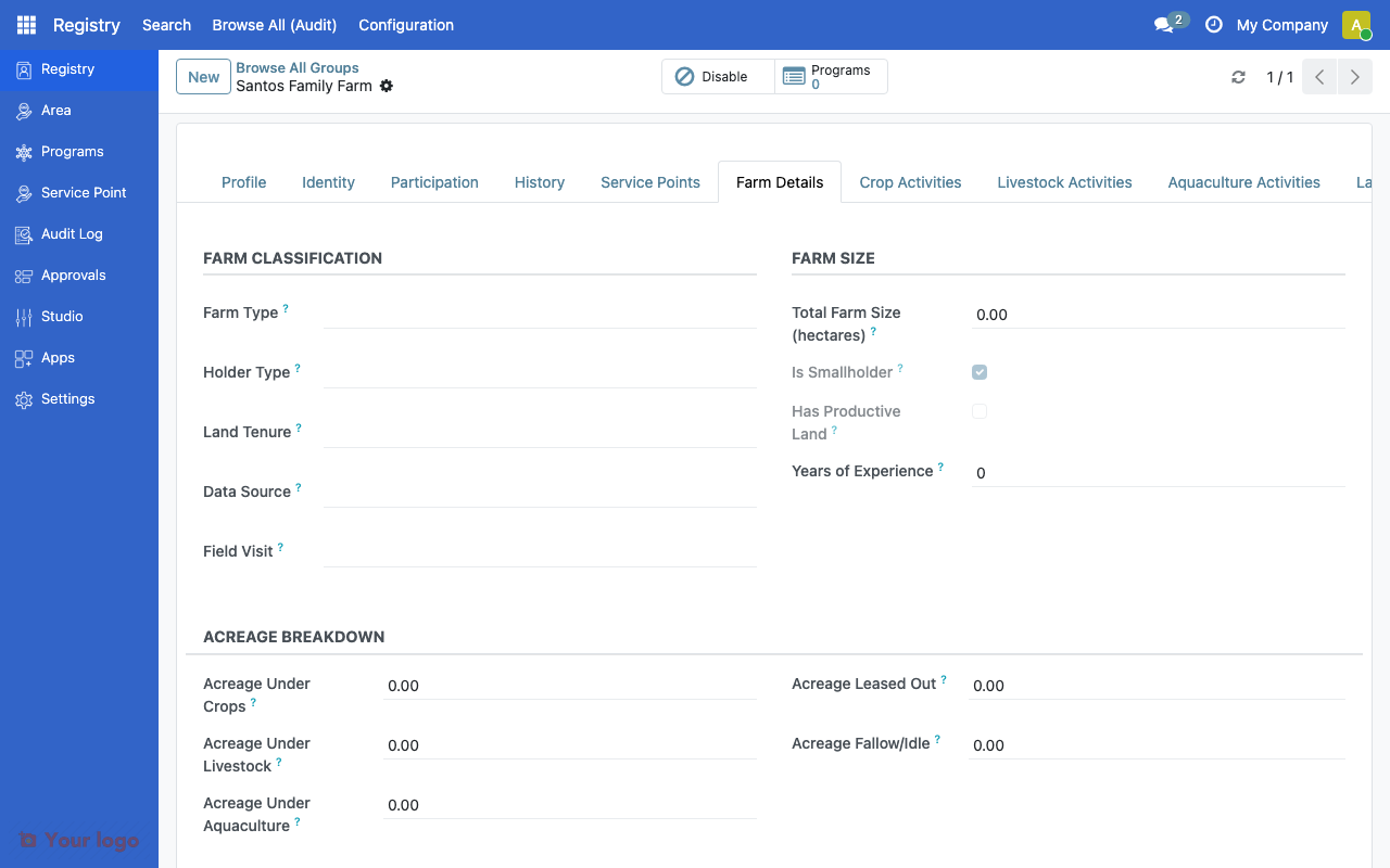 Farm Details tab showing classification, size, holder type, land tenure, and acreage breakdown